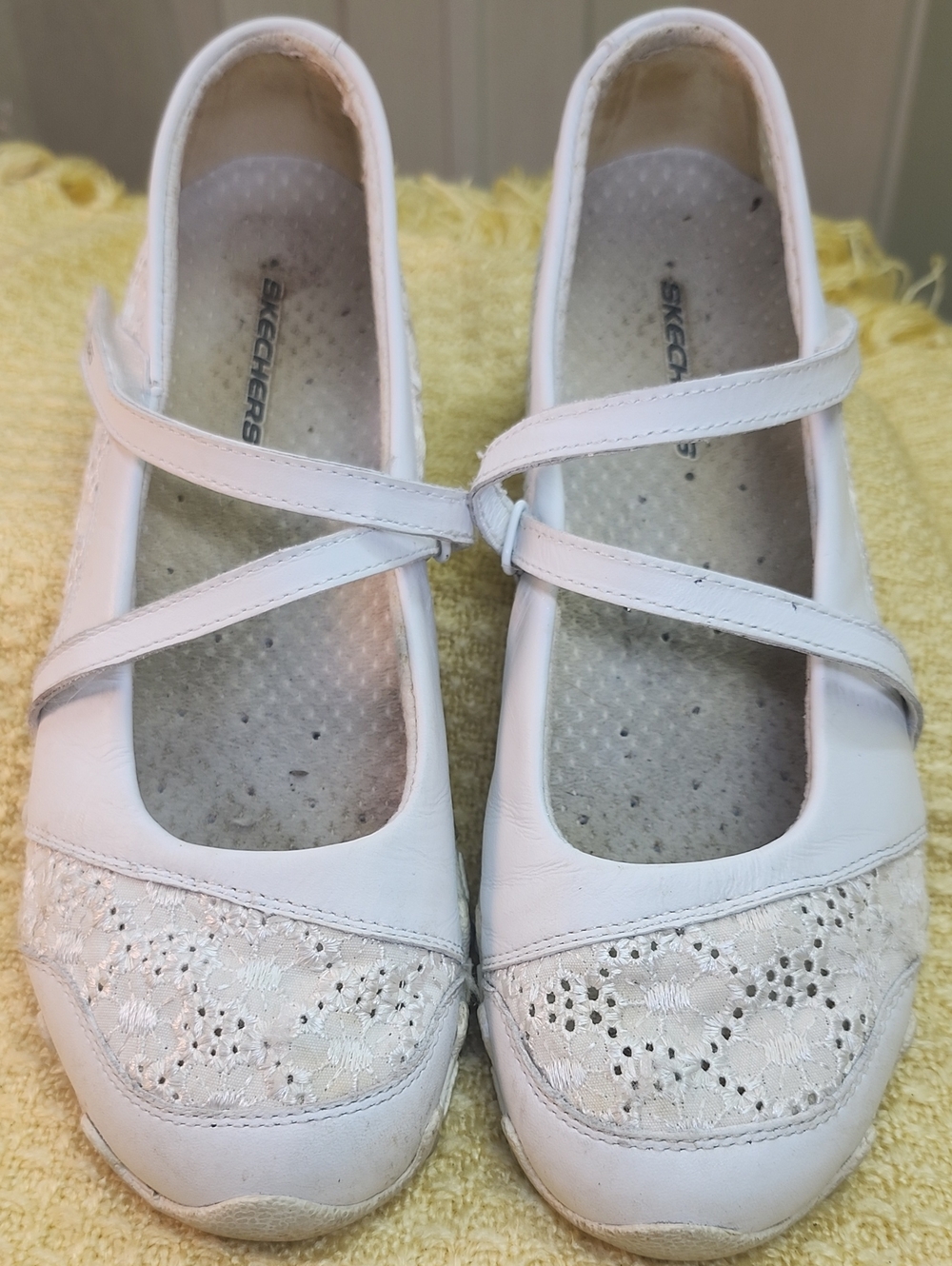 Skechers White Mary Jane Flats with Lace Toe and Cross Strap